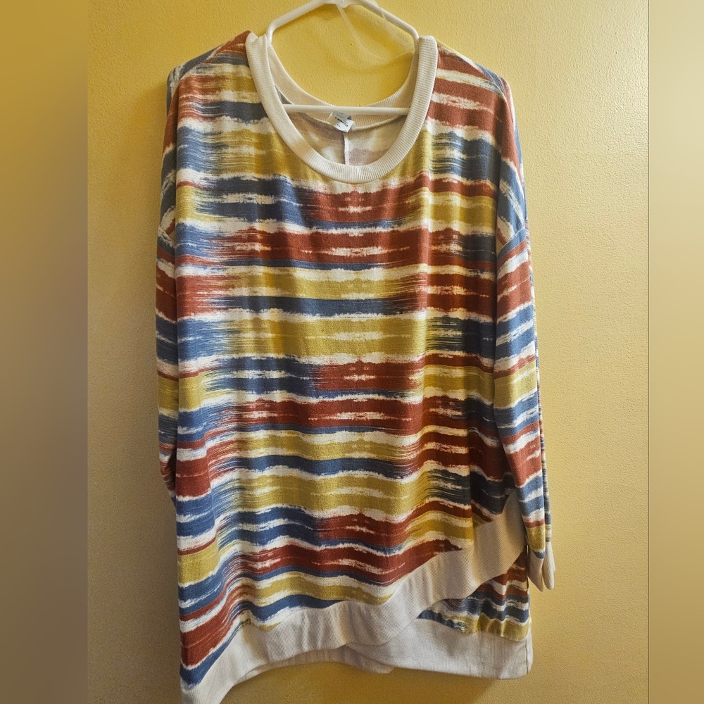 Honeyme Striped Multicolor Sweater With Crisscross Cream Trim 2X NWT Soft Blue